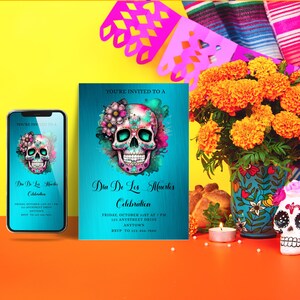Editable Sugar Skull Day of the Dead Invitation Template with Matching Smartphone Invite