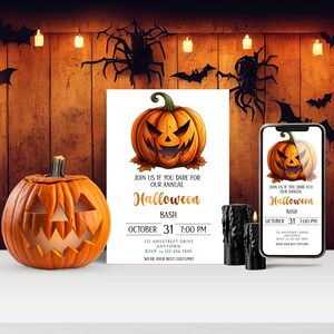 Editable Pumpkin Halloween Party Invitation Template with Matching Smartphone Invite