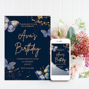 Modello modificabile per invito di compleanno con farfalla blu e oro con invito per smartphone abbinato