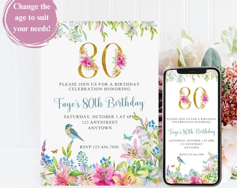 Editable Women's Floral Lily Birthday Invitation Template with Matching Smartphone Invite, 50th, 60th, 70th, 80th