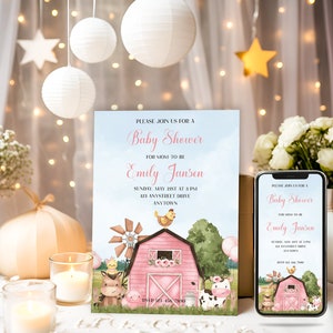 Editable Pink Farm Baby Shower Invitation Template with Matching Smartphone Evite