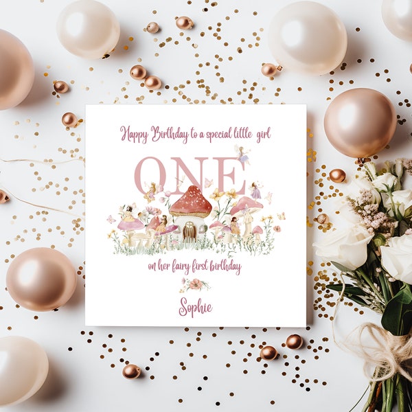 Personalized Fairy  1st Birthday Card for Little Girl, Card for Granddaughter, Niece, Daughter, Friend, Editable Age