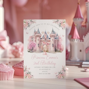 Bearbeitbare blonde Prinzessin Schloss Geburtstagseinladung Vorlage | Passende Evite | Blonde Prinzessin | Rosa Schloss einladen | Mädchen Geburtstag