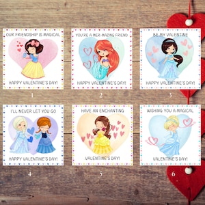 imprimées princesses Saint-Valentin | Lot de 6 double face différents | Saint-Valentin pour salle de classe d'enfants | Fête de la Saint-Valentin | Personnalisé