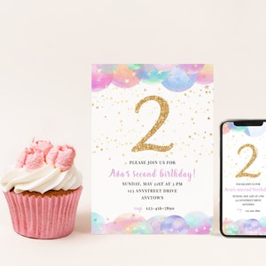 Editable Pastel Rainbow 2nd Birthday Invitation with Matching Smartphone Invite, Editable Age