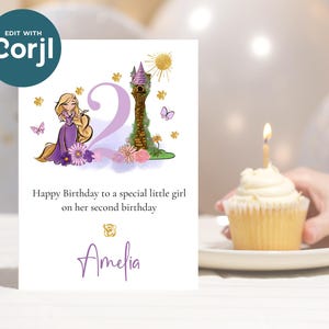 IMPRIMA EN CASA Tarjeta de cumpleaños personalizada de Rapunzel para niños / Nombre, edad y mensaje personalizados