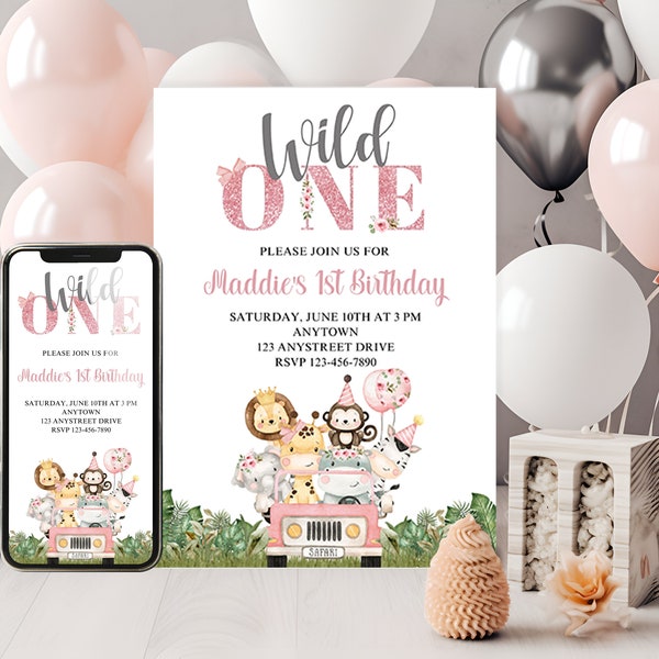 Editable Pink Safari Wild One Birthday Invitation Template with Matching Smartphone Invite for Girl