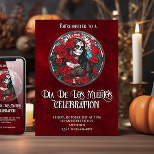 Editable Dia de Los Muertos Invitation Template with Matching Smartphone Invite