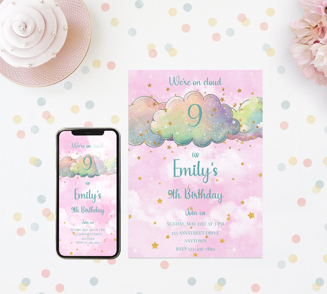 EDITABLE Cloud 9 Birthday Party Invitation Template With Matching Evite ...
