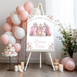 Letrero de bienvenida de cumpleaños editable con diseño de castillo de princesa morena / Letrero de cumpleaños / Letrero de castillo rosa