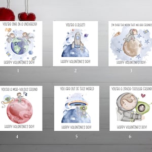 Cartões de Dia dos Namorados Impressos no Espaço | Conjunto de 6 Diferentes Frente e Verso | Cartões de Dia dos Namorados para Sala de Aula Infantil | Festa de Dia dos Namorados | Personalizado