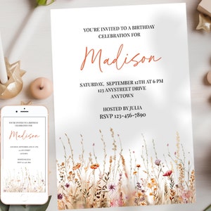 Editable Wildflower Invitation Template for Her with Matching Smartphone Invite