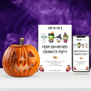 Edytowalny szablon zaproszenia na imprezę halloweenową z cukierkami i kostiumami z pasującym zaproszeniem na smartfon