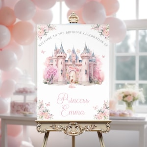 Editable Pink Princess Castle Birthday Welcome Sign image 1
