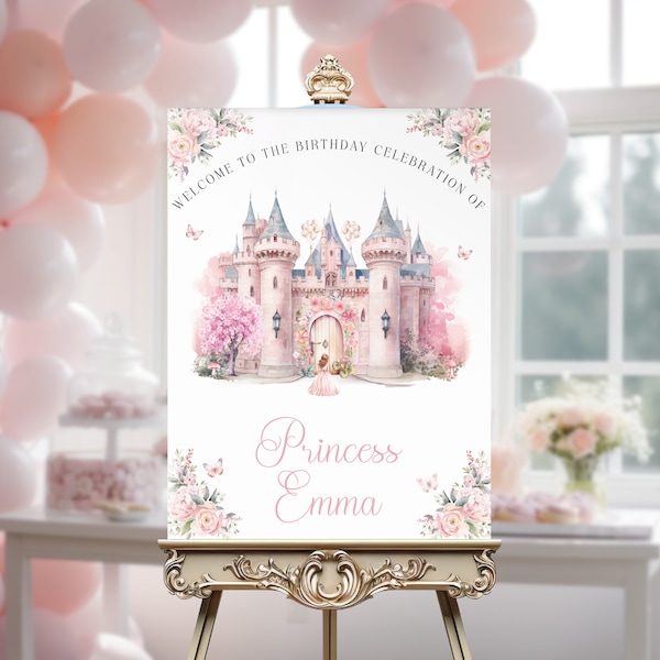 Editable Pink Princess Castle Birthday Welcome Sign