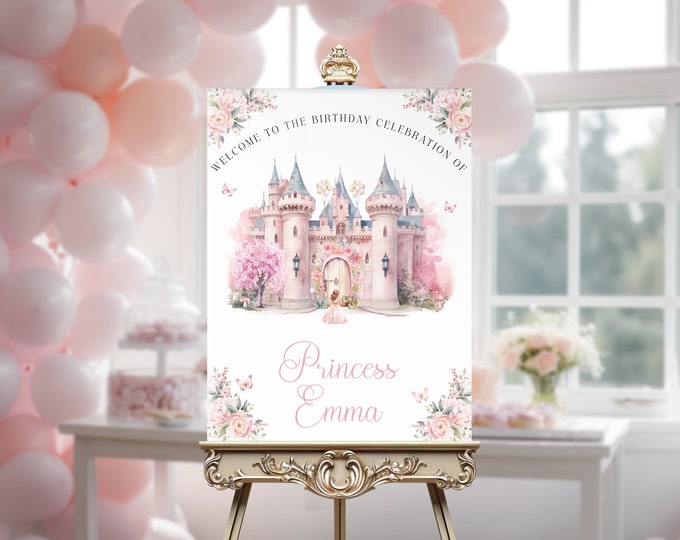 Princess Custom Signs Editable Light Brown Hair Princess Castle Birthday Welcome Sign ...