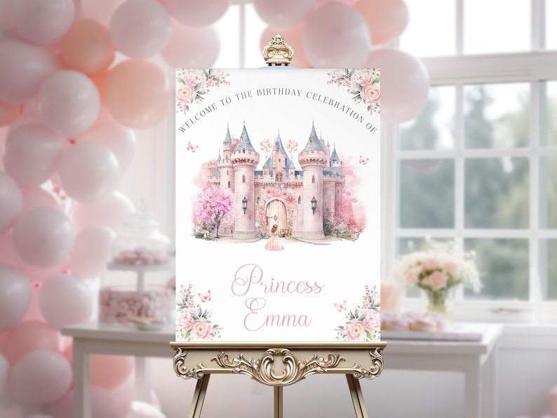 Editable Pink Princess Castle Birthday Welcome Sign image 1