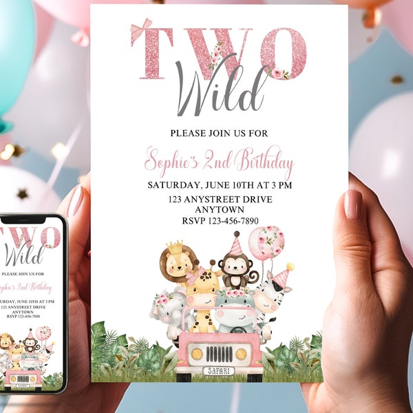 Editable Pink Safari Two Wild Invitation Template with Matching Smartphone Invite for Girl