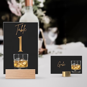 Tarjetas de mesa y de lugar con whisky para el 50.º cumpleaños de un hombre, editables