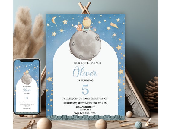 Editable Little Prince Friends Birthday Invitation Template with Matching Smartphone Invite, Editable Age