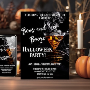 Editable Boos and Booze Halloween Party Invitation Template with Matching Smartphone Invite