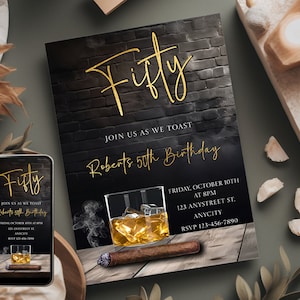 Modèle d'invitation modifiable pour 50e anniversaire de cigare et whisky pour homme avec invitation pour smartphone assortie, âge modifiable