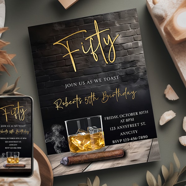 Editable Men's 50th Birthday Cigar and Whiskey Invitation Template with Matching Smartphone Invite, Editable Age