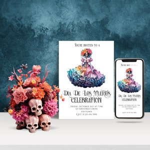 Editable Day of the Dead Invitation Template with Matching Smartphone Invite
