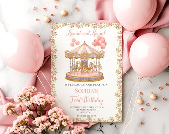Editable Carousel Birthday Invitation Template: Pink Party