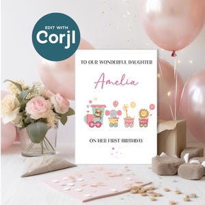 IMPRIMA EN CASA Tarjeta de cumpleaños personalizada con diseño de tren de animales para niños / Nombre, edad y mensaje personalizados