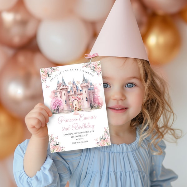 Modèle d'invitation d'anniversaire château de princesse rose modifiable avec invitation pour smartphone assortie