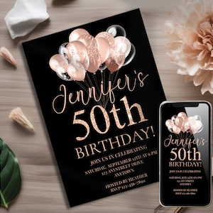 Editable Rose Gold 50th Birthday Invitation Template with Matching Smartphone Invite