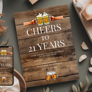 Editable Cheers to 21 Years Beer Birthday Party Invitation Template with Matching Smartphone Invite