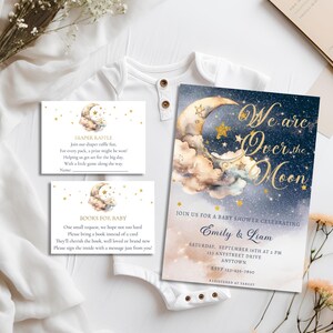 Bewerkbare sjabloon babyshower-uitnodiging 'Over the Moon' met Evite voor smartphone | Boeken voor babykaart | Luierloterijkaart | Light-versie