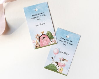 Nine Editable Pink Farm Friends Favor Tags for Girl Birthday