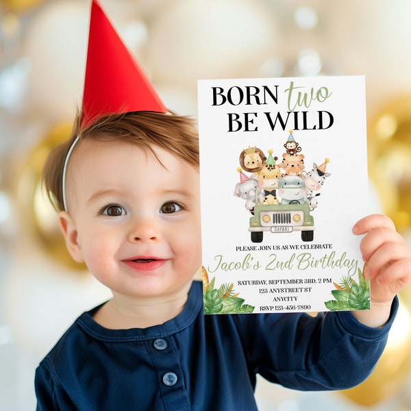 Editable Safari Born Two Be Wild Birthday Invitation Template with Matching Smartphone