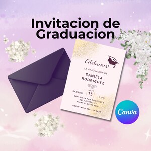 Elegante Invitacion de Graduacion | Tarjeta de Graduacion Rosa para imprimir Espanol | Editar in Canvas | Graduation Card Template Spanish