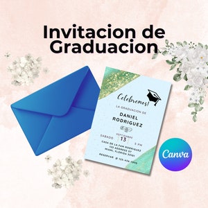 Elegante Invitacion de Graduacion | Tarjeta de Graduacion Azul para imprimir Espanol | Editar in Canvas | Graduation Card Template Spanish