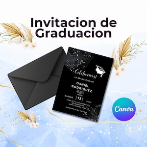 Elegante Invitacion de Graduacion | Tarjeta de Graduacion Negra para imprimir Espanol | Editar in Canvas | Graduation Card Template Spanish
