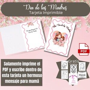 May include: Printable card with a pink and white design featuring a mother and child. The card says "Dia de las Madres" which means "Mother's Day" in Spanish. The card also includes a free 5-page coloring book.