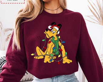 Disney Pluto Christmas Lights Hoodie, Unisex Holiday Sweatshirt