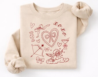 Valentine Coquette Doodle Hoodie, Cherub Valentine Hoodie, Cupid Collage Hoodie, Romantic Valentine Hoodie, Pink Valentine Hoodie