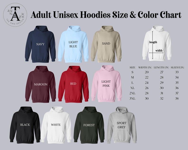 May include: A size and color chart for adult unisex hoodies. The chart displays hoodies in various colors, including navy, light blue, sand, maroon, red, light pink, black, white, forest green, and sport grey. Measurements are provided in inches.