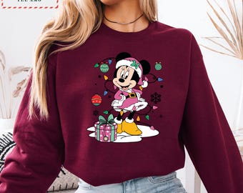 Minnie Mouse Christmas Hoodie, Pink Santa Sweatshirt, Disney Holiday Pullover