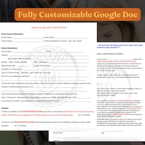 Puede incluir: Un formulario de Google Doc personalizable para propietarios de caballos. El formulario incluye secciones para la información del propietario del caballo, la información del caballo y una exención de responsabilidad. El formulario está diseñado para ser utilizado por profesionales de caballos.