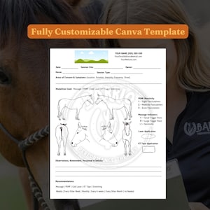 Op de afbeelding: Een zwart-wit printbaar paardtherapiebehandelingsformulier met een paardsillustratie. Het formulier bevat secties voor datum, sessietype, gebieden van zorg, gebruikte modaliteiten, observaties, beoordelingen, reactie op de sessie en aanbevelingen.