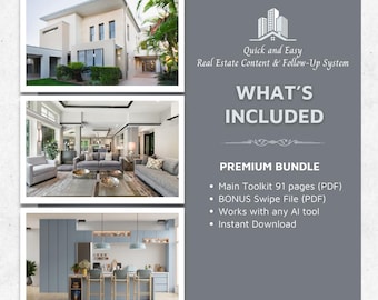 Puede incluir: Imagen que promociona un sistema de contenido y seguimiento inmobiliario. Presenta fotos de una casa moderna, una sala de estar y una cocina. El lado derecho muestra texto que detalla el paquete premium: Main Toolkit, Bonus Swipe File y compatibilidad con herramientas de IA.