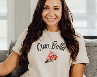 Koszulka Ciao Bella, zabawny włoski napis, miękka koszulka unisex z wakacjami we Włoszech, prezent dla niej, wygląd retro, prezent dla dziewczyny na wycieczkę
