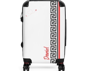 Customizable Luggage, Greek Key White Hard-shell Suitcase, Check in or Carry on and Travel Easy with 360 Swivel Wheels and Built In Locks!