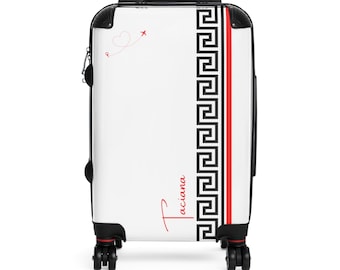Customizable Suitcase, Greek Key White Hard-shell Luggage with cursive text, 360 Swivel Wheels and Built In Locks, Unique Personal Gift